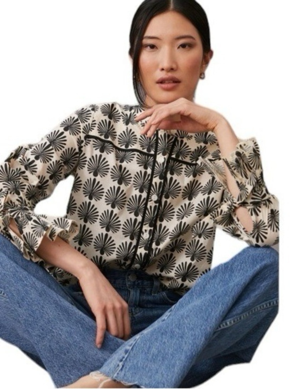 Porridge by Anthropologie Black & White 🦚 Print Button-Front Blouse